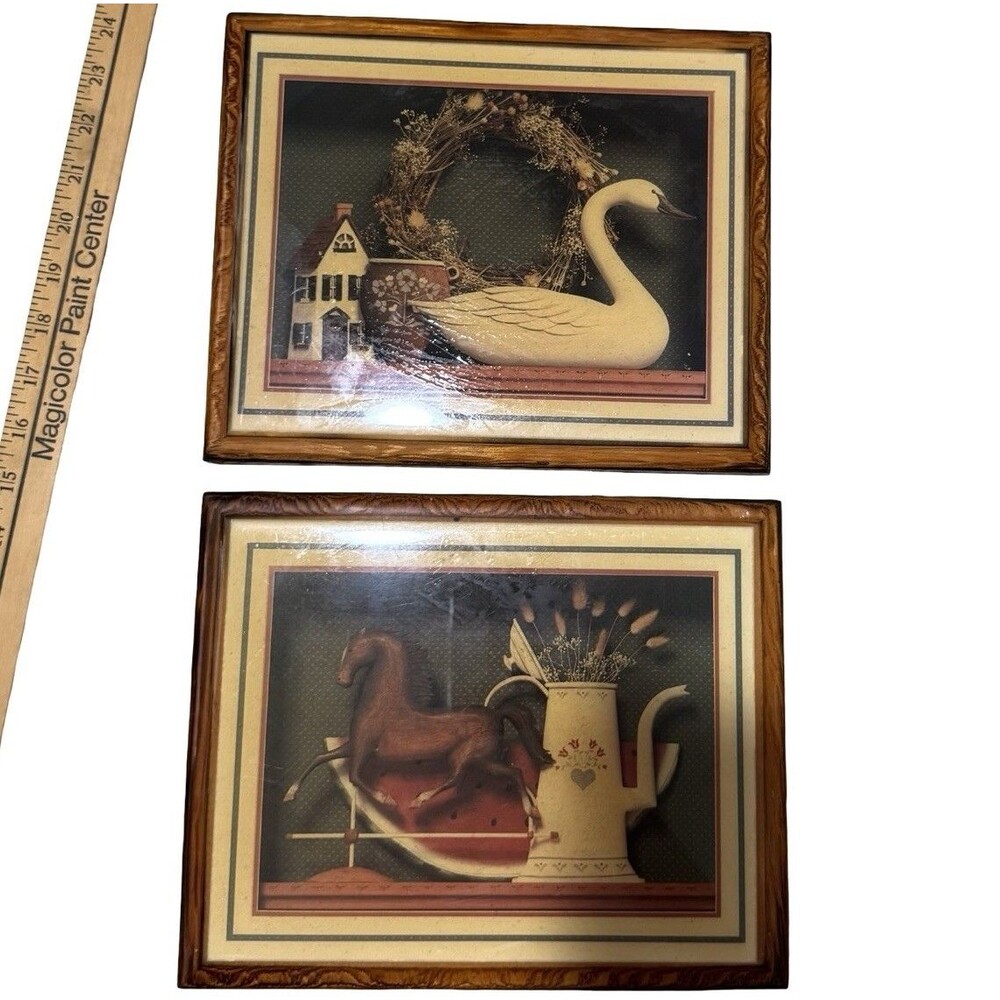 Vintage Swan Still Life Rustic Barnyard Frame Horse Teapot Set Of Two Wall Decor